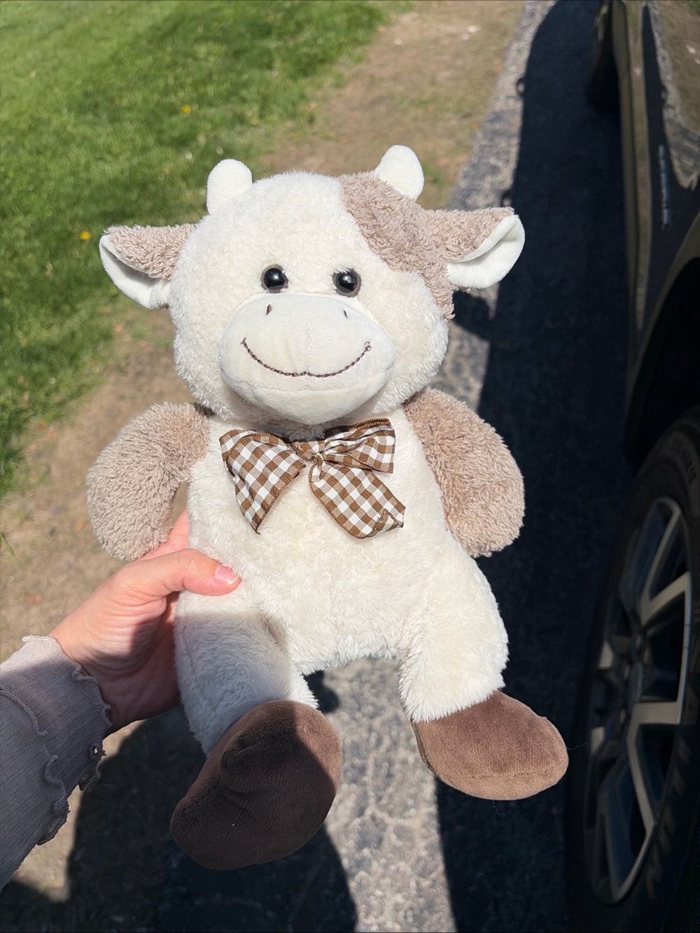 Kellytoy Cream & Brown Cow Plush with Gingham Bow